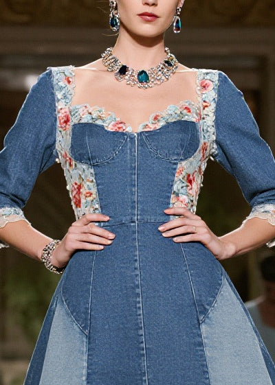 Vintage Blue Square Collar Lace Patchwork Denim Mini Dress Summer