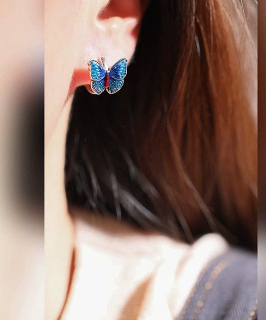 Vintage Blue Sterling Silver Butterfly Cloisonne Hoop Earrings