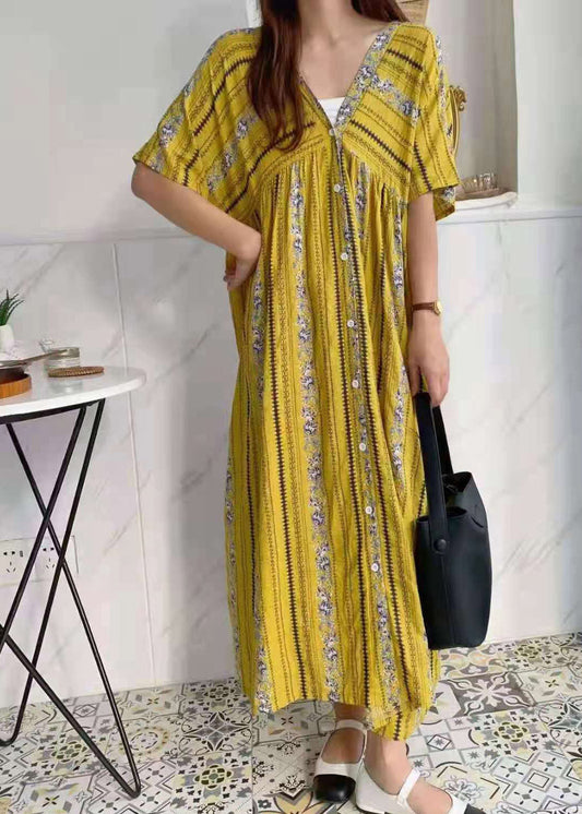 Vintage Blue V Neck Print Cotton Long Dresses Short Sleeve