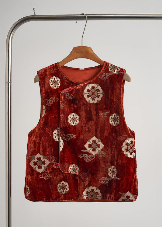 Vintage Brick Red Jacquard Silk Velvet Vests Sleeveless