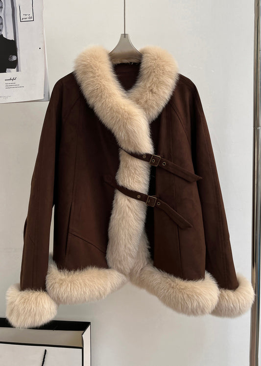 Vintage Brown Fox Collar Pockets Patchwork Duck Down Coats Winter