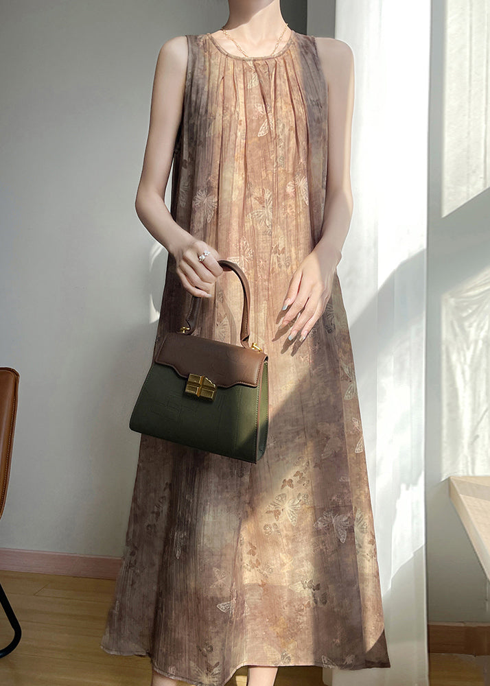 Vintage Brown O Neck Print Cotton Long Dress Sleeveless