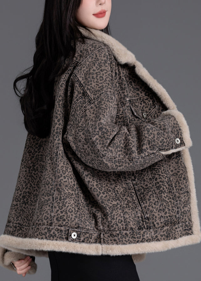 Vintage Brown Oversized Leopard Print Warm Fleece Jacket Winter