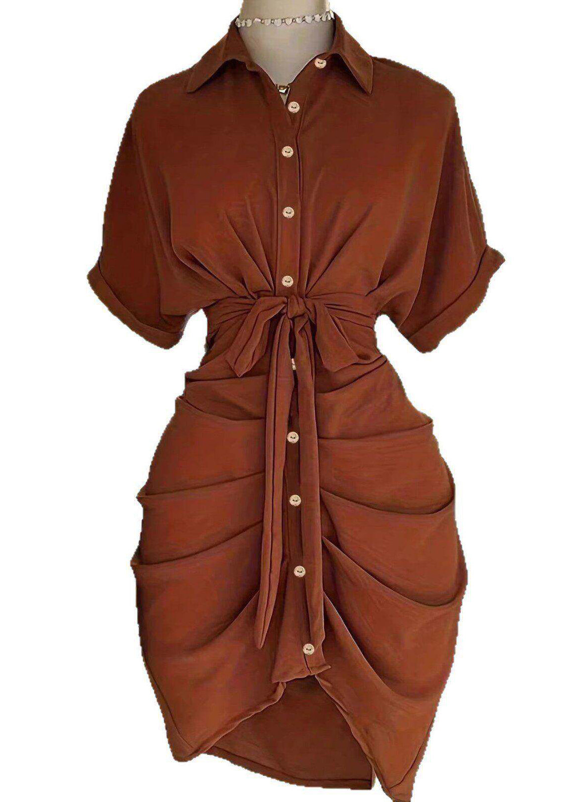 Vintage Brown Peter Pan Collar Wrinkled Tie Waist Cotton Dress Summer