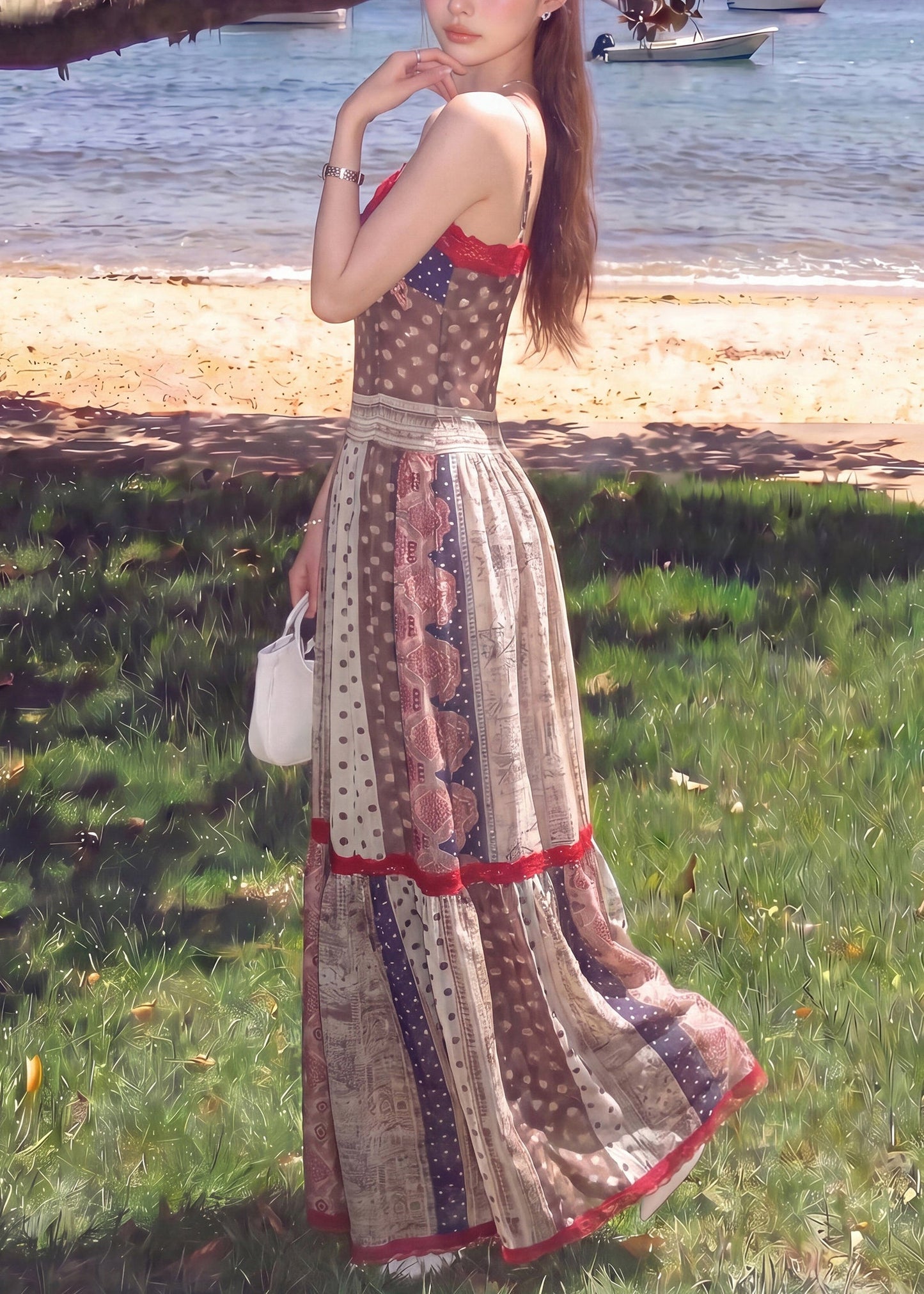 Vintage Brown Print Silm Fit Cotton Spaghetti Strap Dress Summer