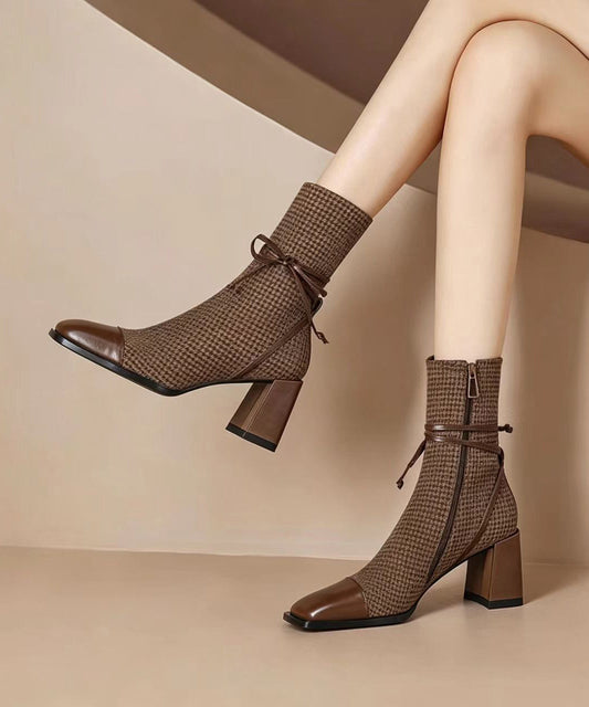 Vintage Brown Splicing Houndstooth Chunky Ankle Boots