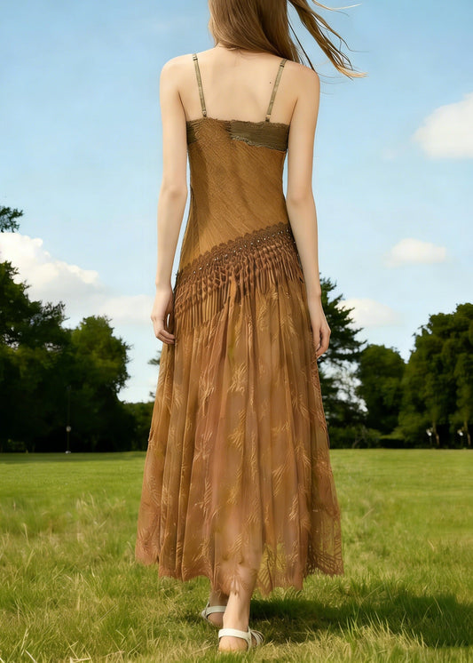 Vintage Brown Tasseled Wrinkled Patchwork Spaghetti Strap Dress Sleeveless