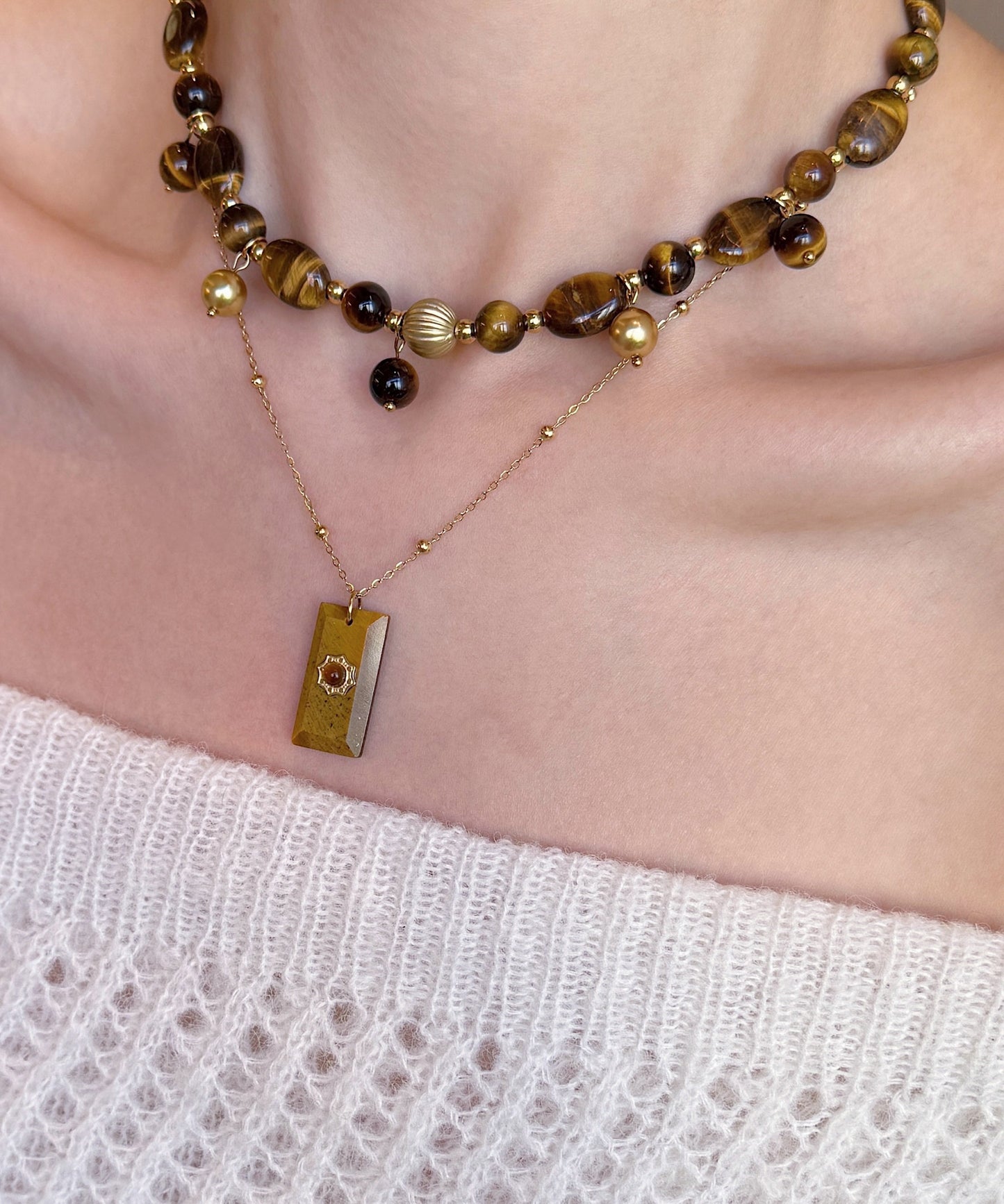 Vintage Brown Tiger's Eye Stringing Beads Layering Alloy Two Piece Set Necklace
