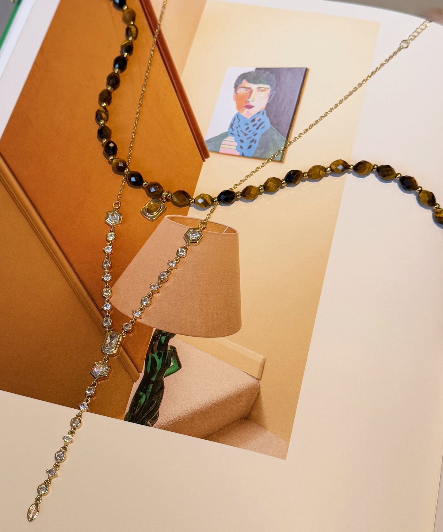 Vintage Brown Tiger's Eye Zircon Tassel Layering Titanium Steel Two Piece Set Necklace