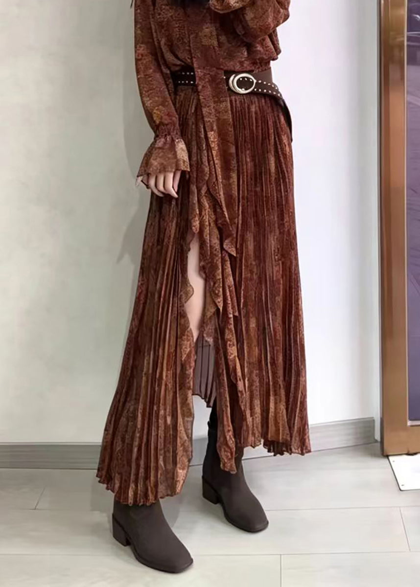 Vintage Brown V Neck Print Pleated Asymmetrical Side Open Dress Long Sleeve