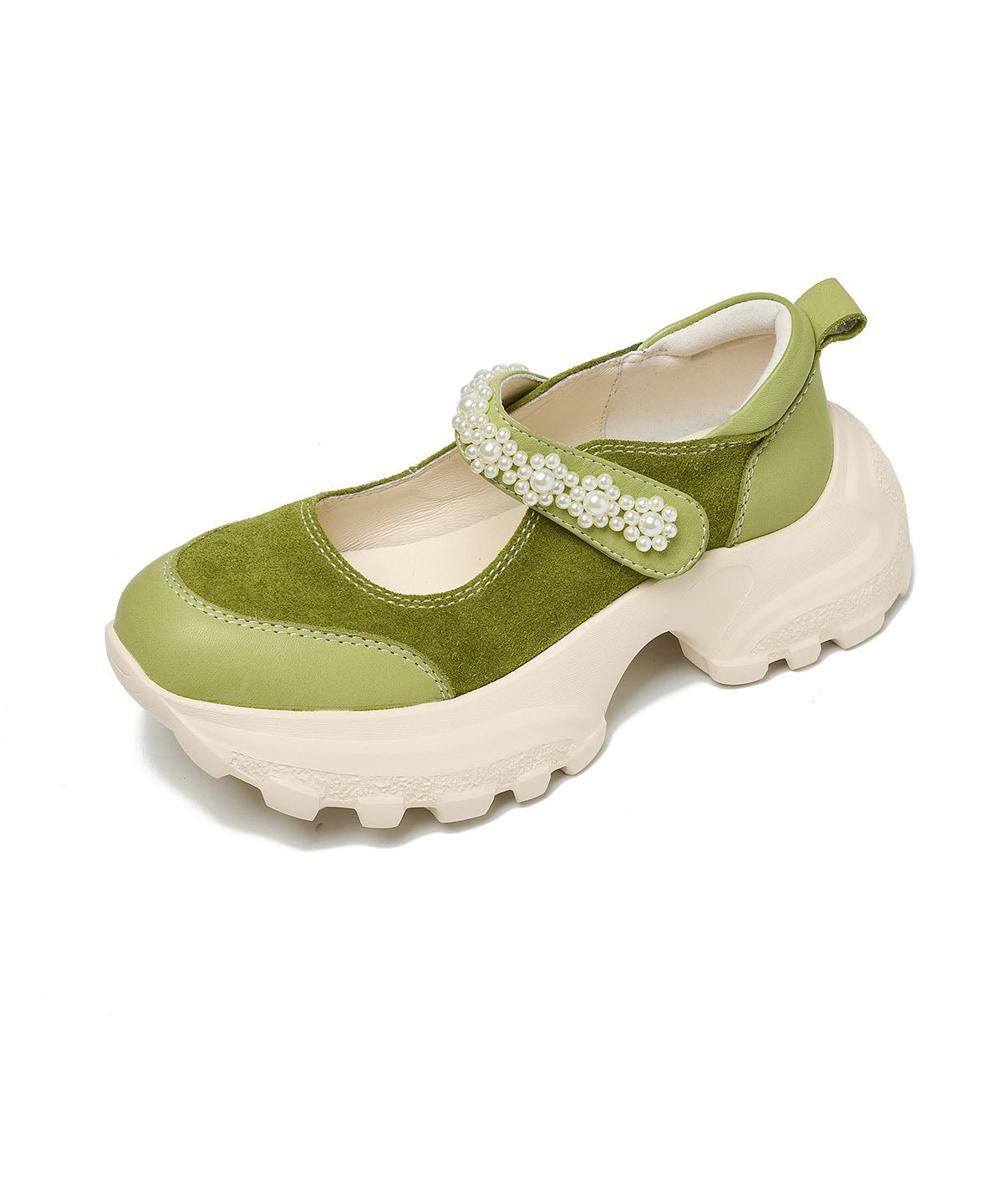 Vintage Buckle Strap Platform Flat Feet Shoes Grass Green Cowhide Leather