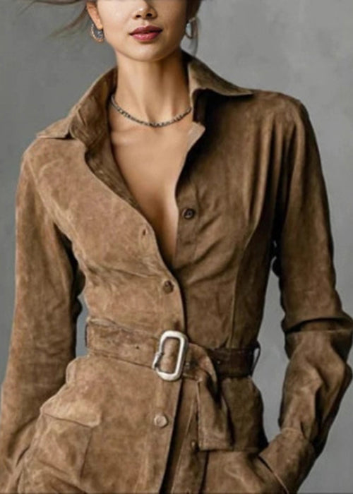 Vintage Camel Button Pockets Sashes Faux Suede Shirts Dresses Spring