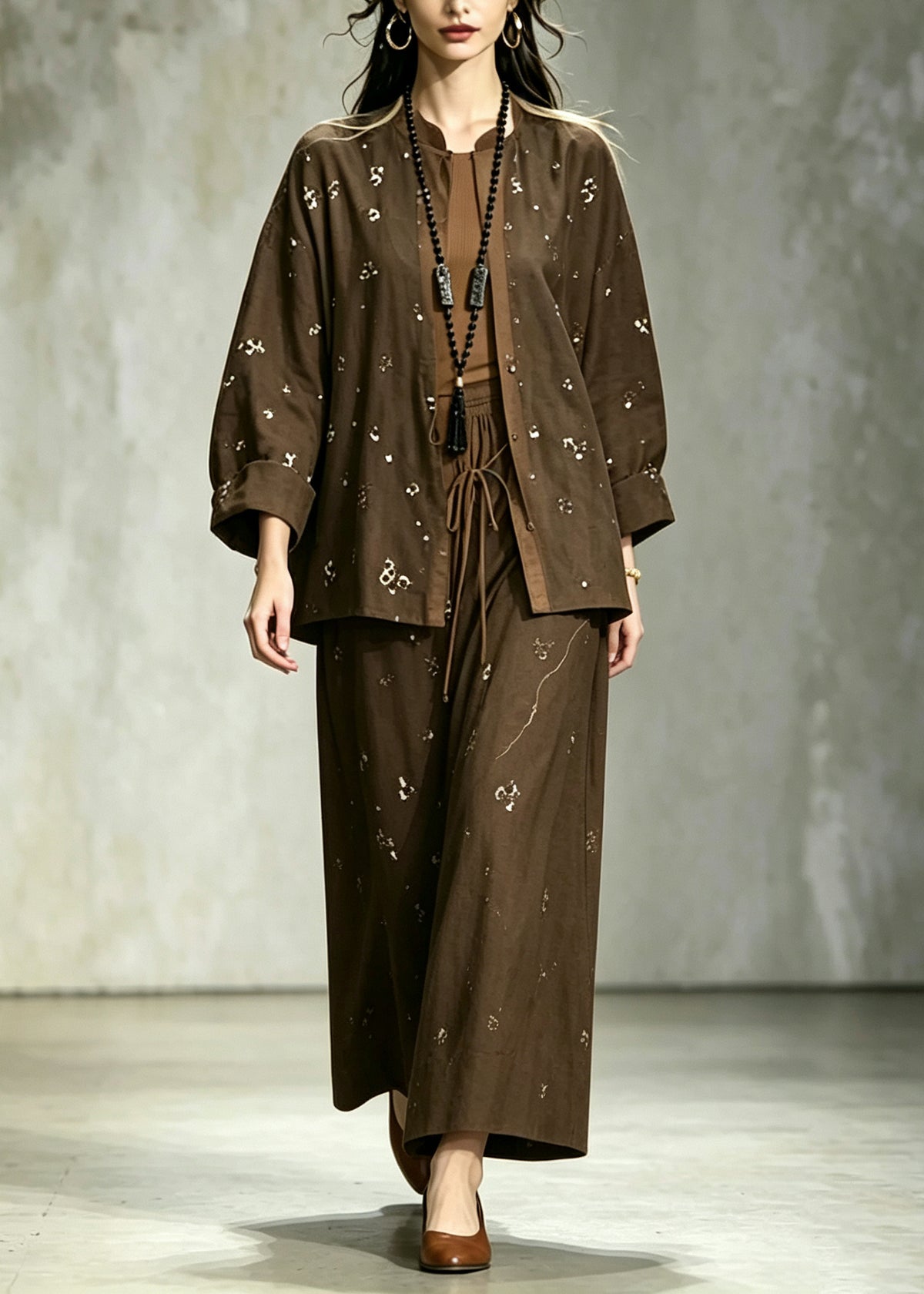 Vintage Chocolate Sequins Cotton Two Pieces Set Fall