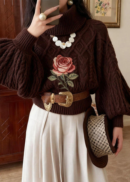 Vintage Chocolate Turtleneck Rose Knitted Cotton Sweater Winter