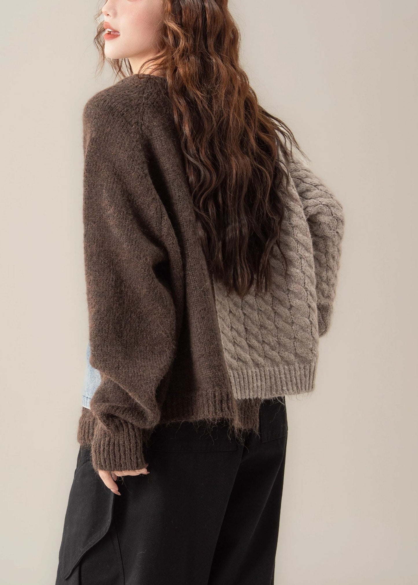 Vintage Coffee Asymmetrical Zip Up Patchwork Knit Sweater