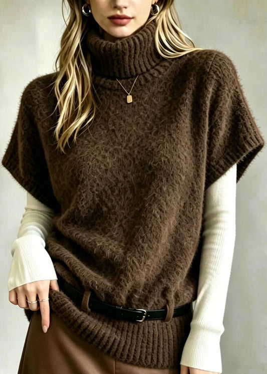 Vintage Coffee Hign Neck With Belt Knit Vest Fall
