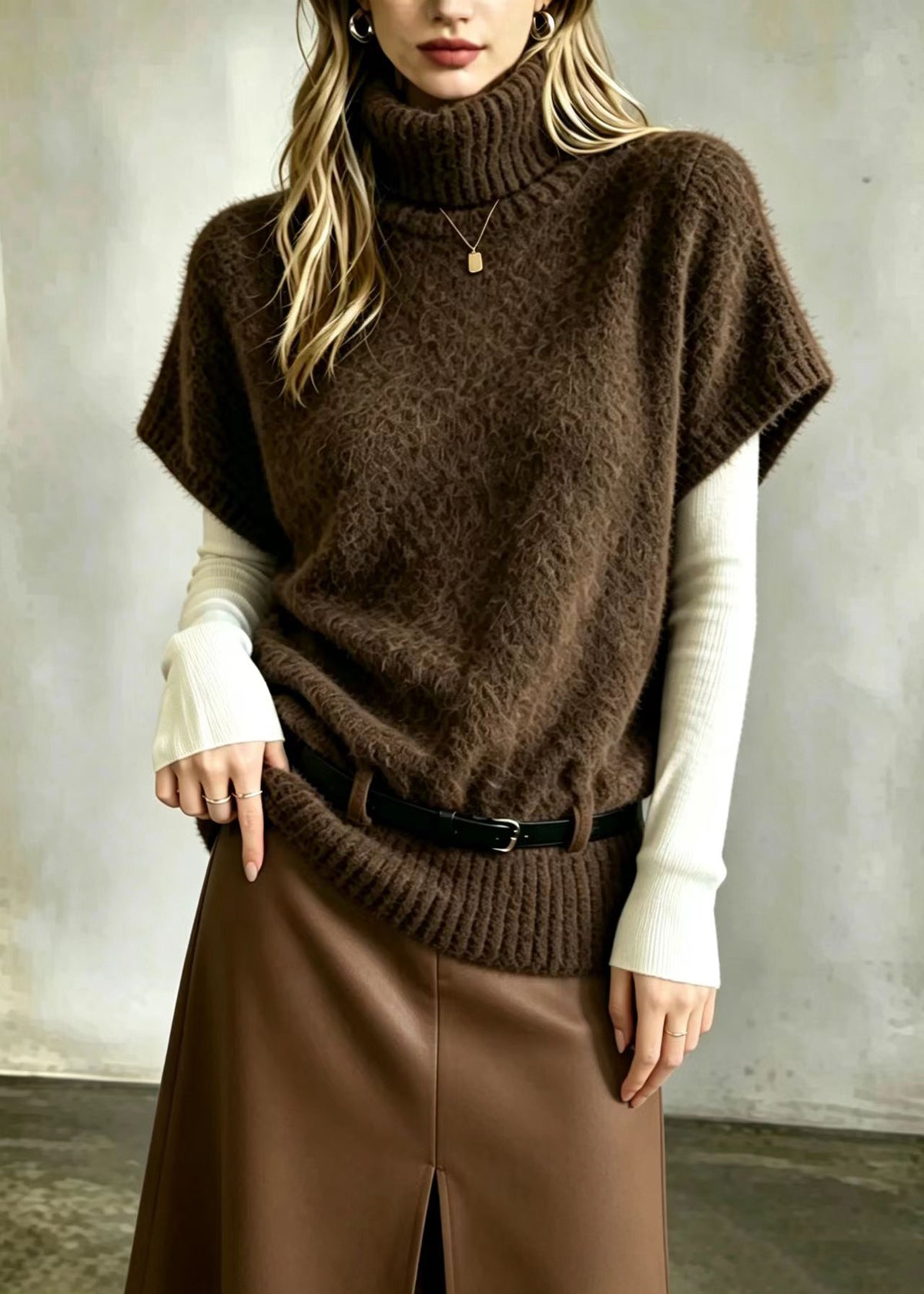 Vintage Coffee Hign Neck With Belt Knit Vest Fall