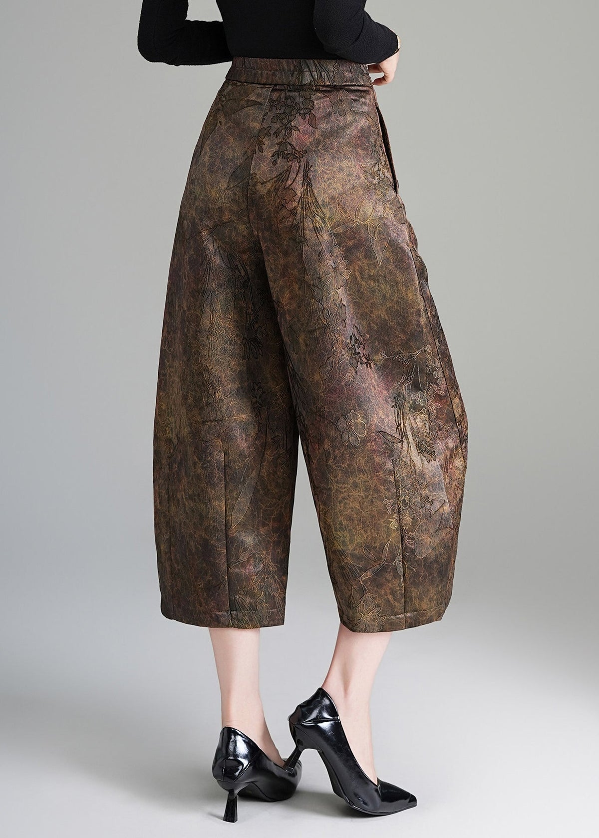 Vintage Coffee Jacquard High Waist Wide Leg Crop Pants Fall
