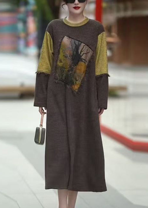 Vintage Coffee O-Neck Patchwork Knit Dress Winter