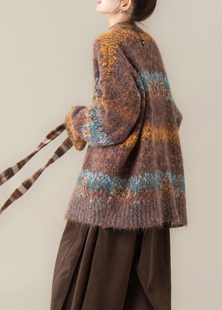 Vintage Coffee V Neck Pockets Cotton Knit Cardigans Fall