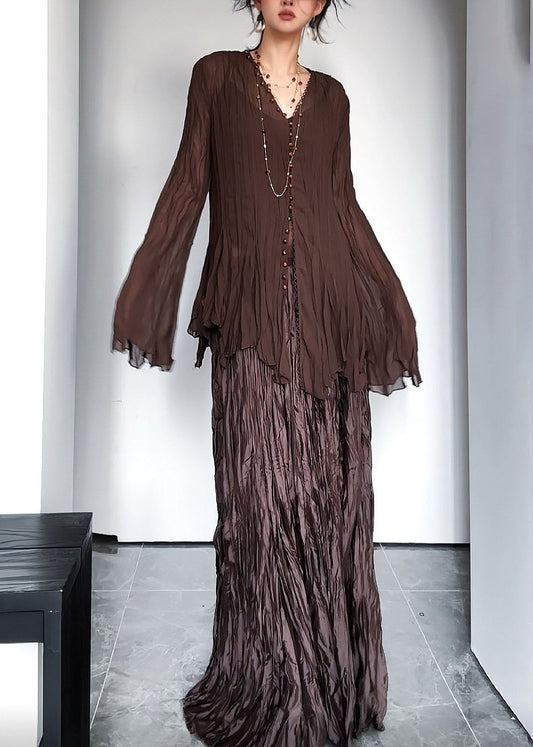 Vintage Coffee V Neck Wrinkled Top And Maxi Skirts Two Pieces Set Fall