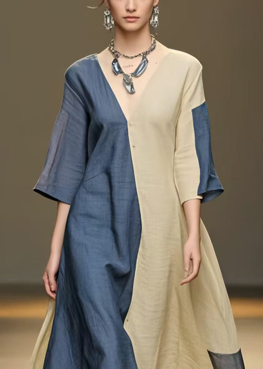 Vintage Colorblock Asymmetrical Patchwork Cotton A Line Dress Summer