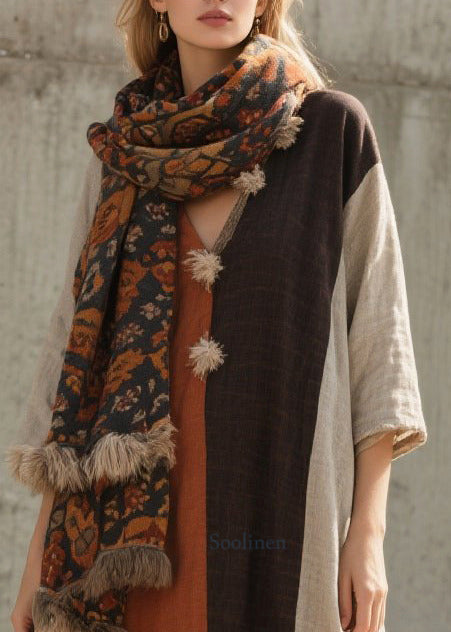 Vintage Colorblock Oversized Patchwork Cotton Long Dresses Bracelet Sleeve