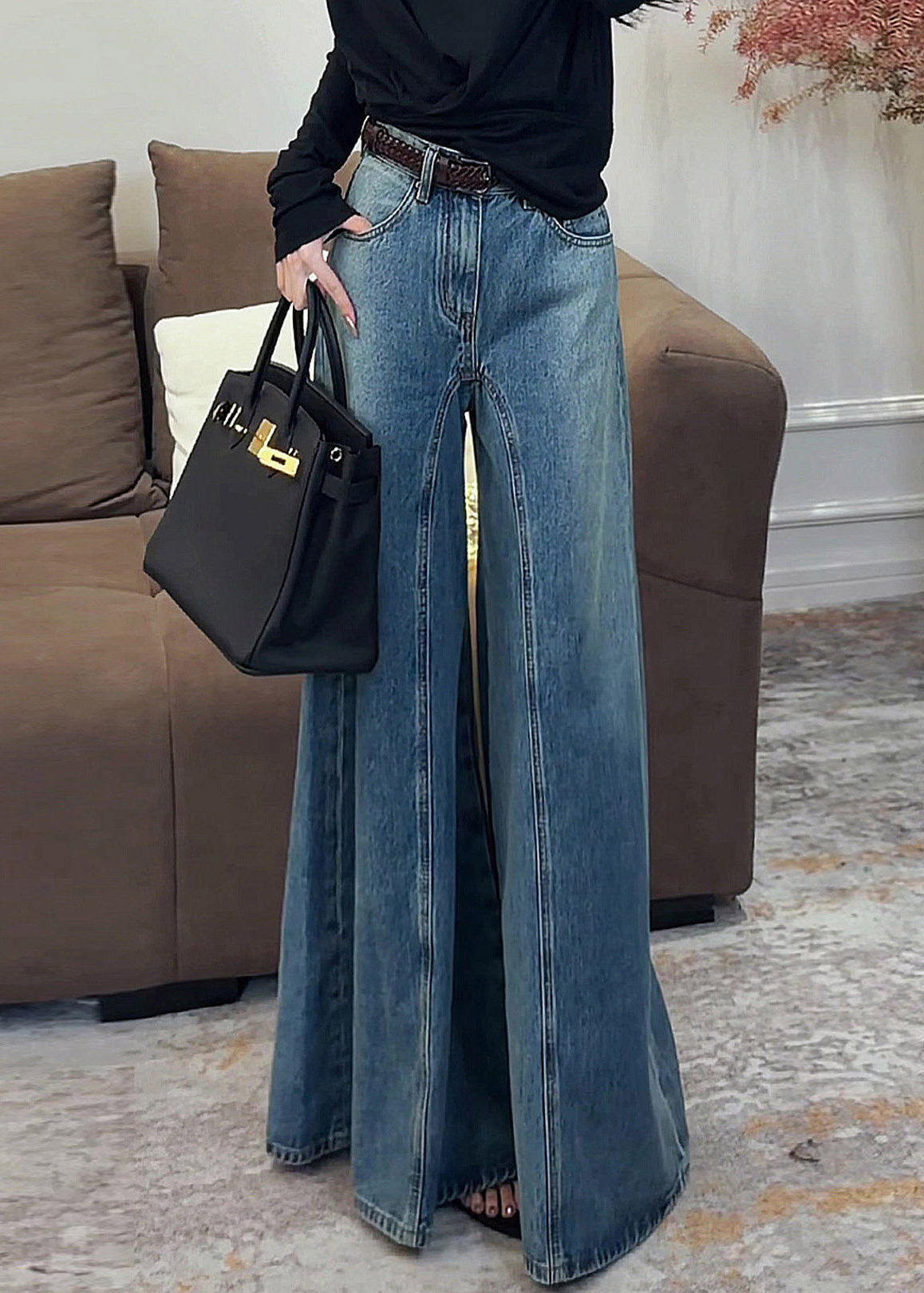 Vintage Dark Blue High Waist Pockets Draping Wide Leg Jeans Summer
