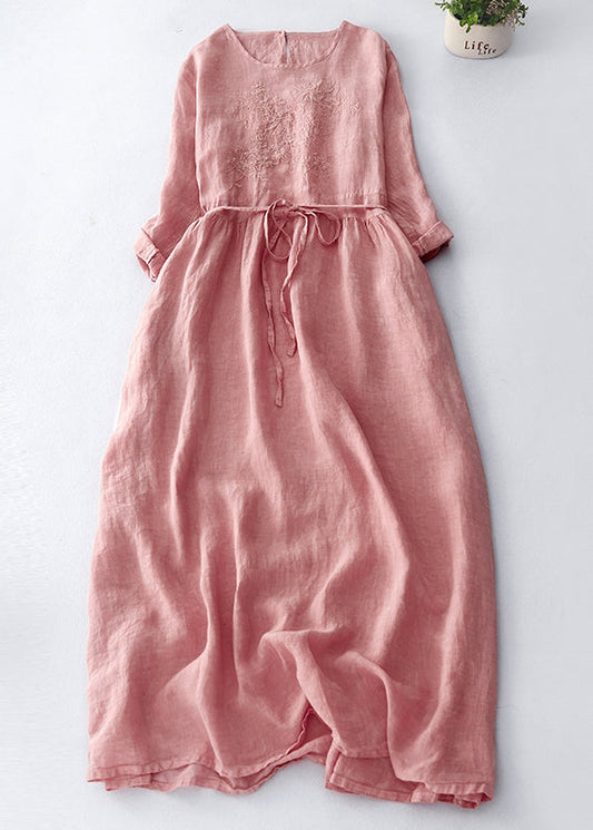 Vintage Dark Purple Embroidered Tie Waist Linen Maxi Dress Spring