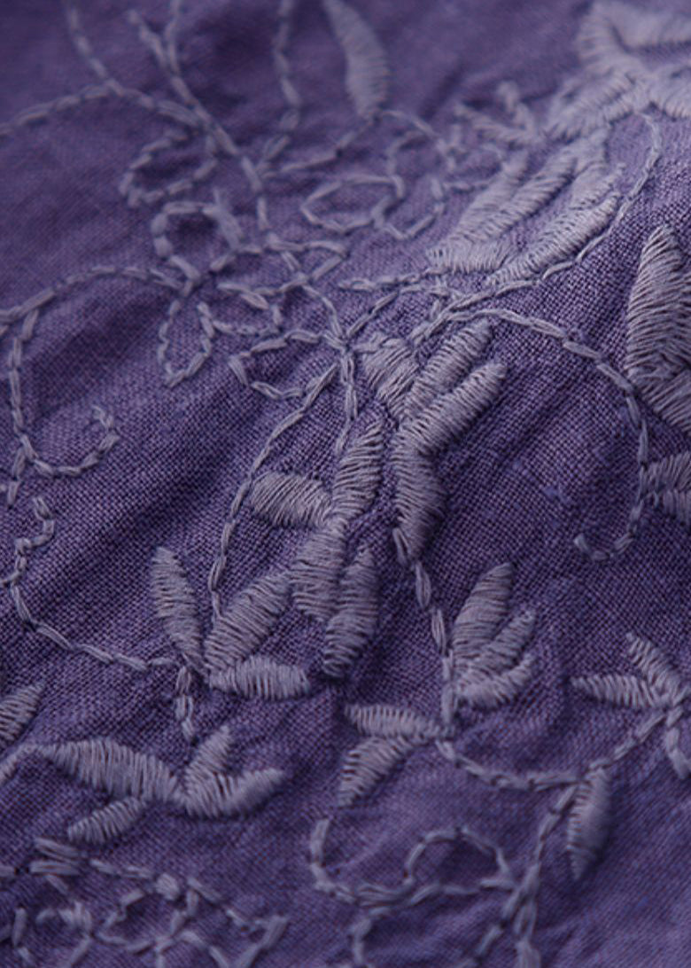 Vintage Dark Purple Embroidered Tie Waist Linen Maxi Dress Spring