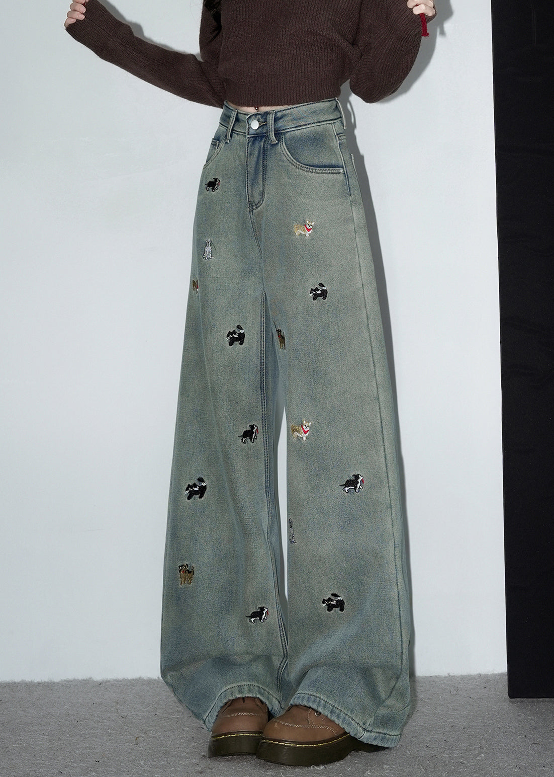 Vintage Denim Blue Embroidered Pockets Warm Fleece Pants