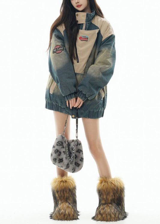 Vintage Denim Blue Stand Collar Patchwork Fine Cotton Filled Coats Winter