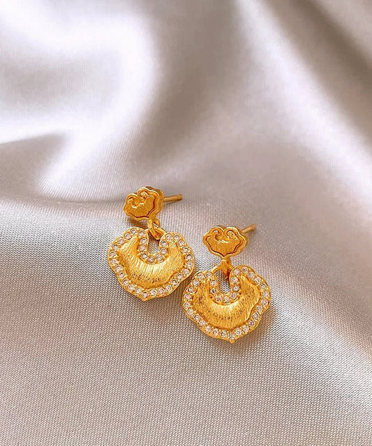 Vintage Gold Copper Overgild Zircon Ruyi LockStud Earrings