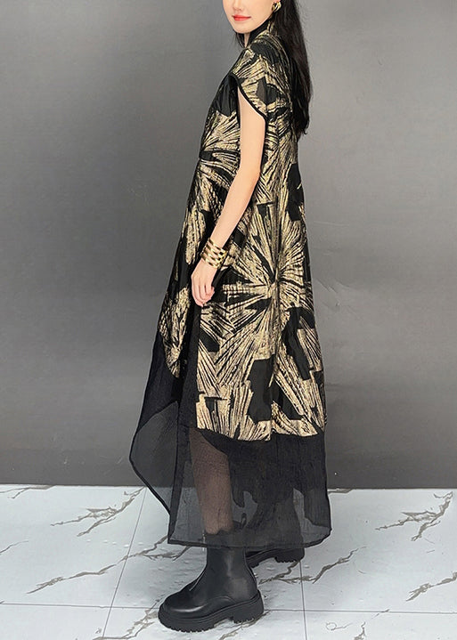 Vintage Gold Stand Collar Print Patchwork CottonDresses Summer