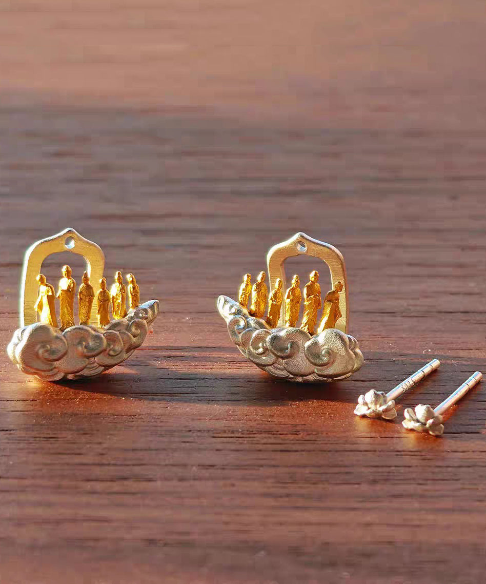 Vintage Gold Sterling Silver Overgild Auspicious Clouds Lotus Six Buddhas Stud Earrings
