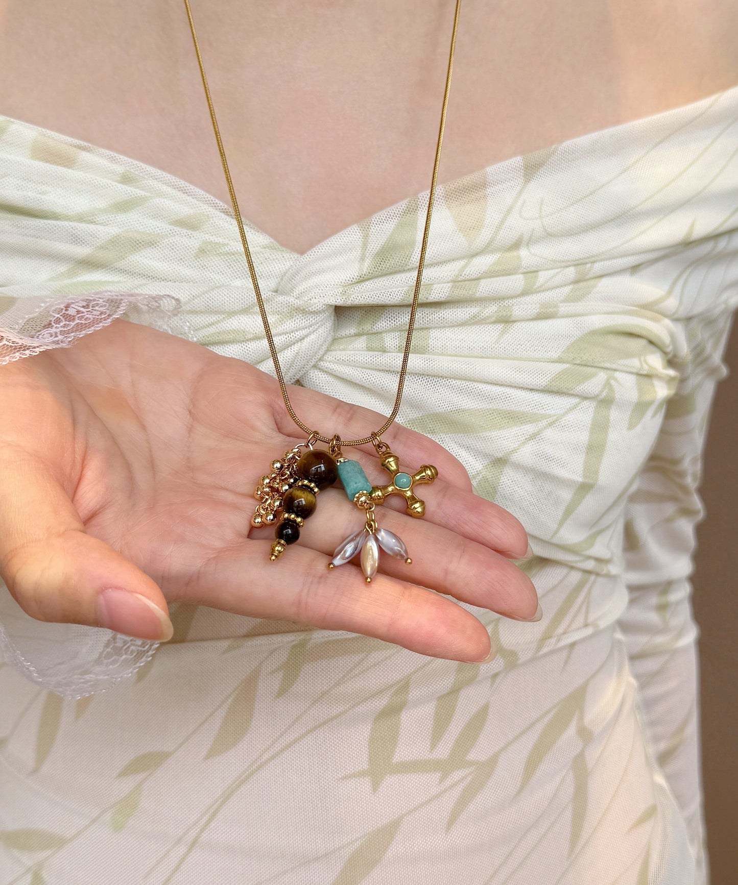 Vintage Gold Tiger's Eye Cross Gold Plated Pendant Necklace