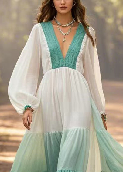 Vintage Gradient Color Exra Large Hem Cotton Long Dresses Spring