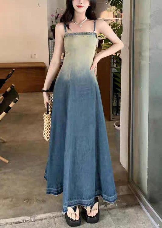 Vintage Gradient Color Original Design High Waist Denim Spaghetti Strap Dress Sleeveless