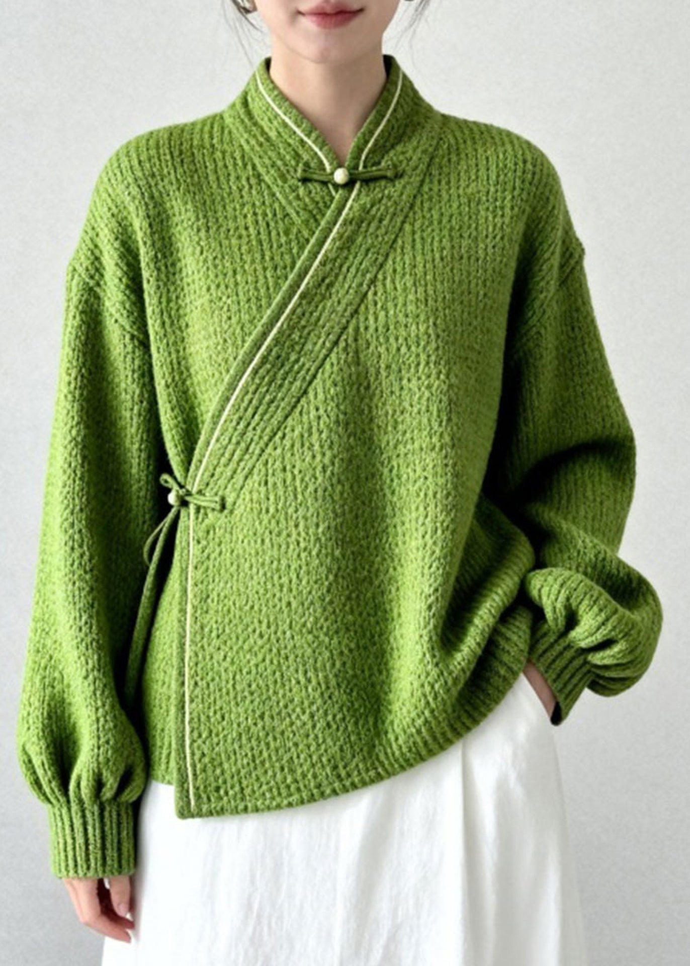 Vintage Grass Green Thick Knit Oriental Sweater Tops Winter