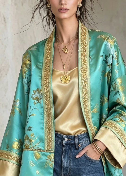 Vintage Green Embroidered Patchwork Silk Cardigan Fall