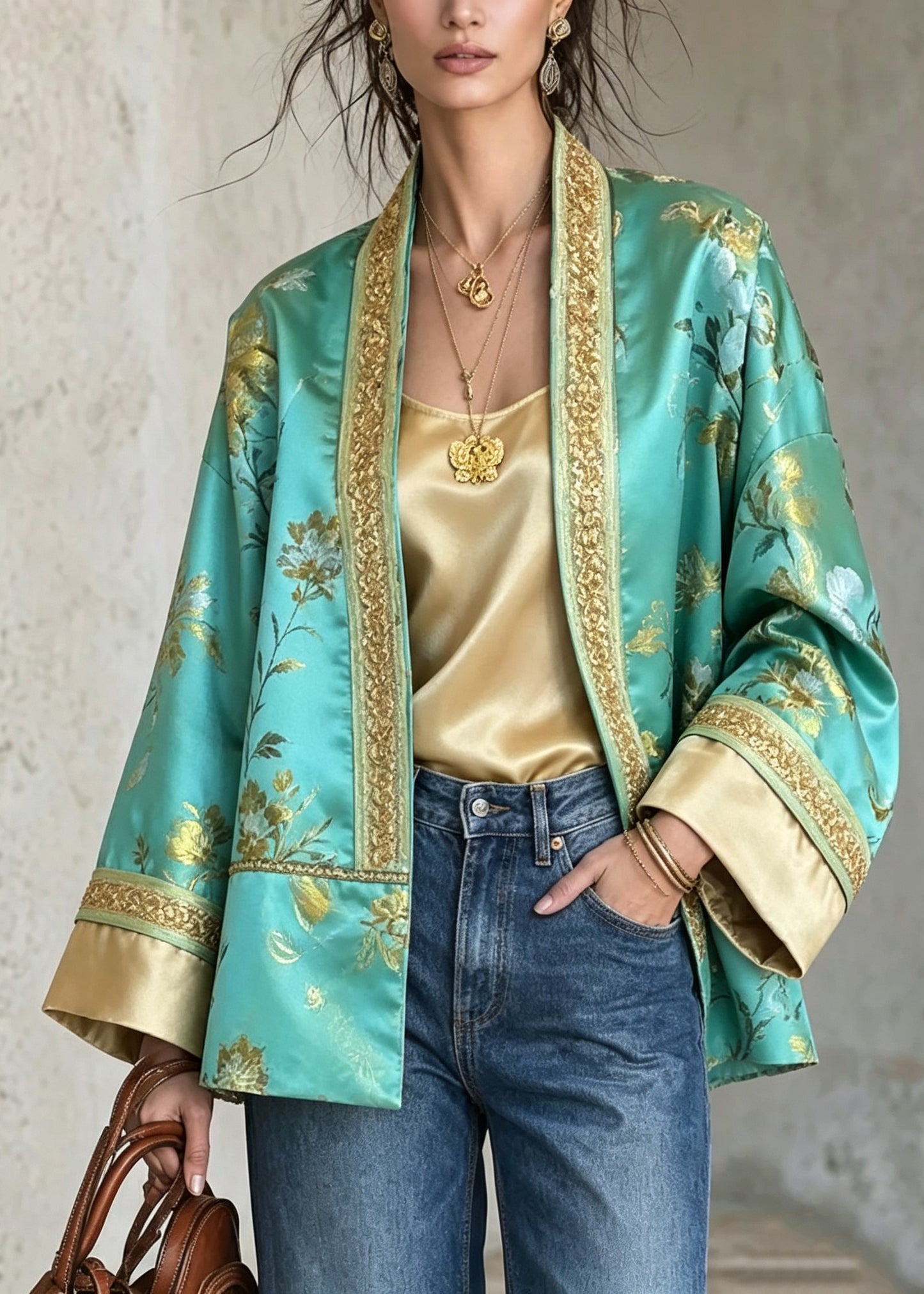 Vintage Green Embroidered Patchwork Silk Cardigan Fall