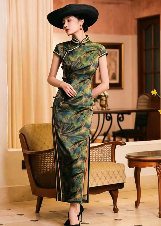 Vintage Green Gold Leaves Mandarin Collar Chinese Buttons Side Open Dress Summer