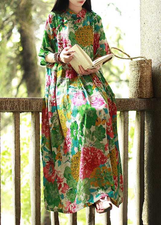 Vintage Green Mandarin Collar Cinched Print Maxi Dress Half Sleeve