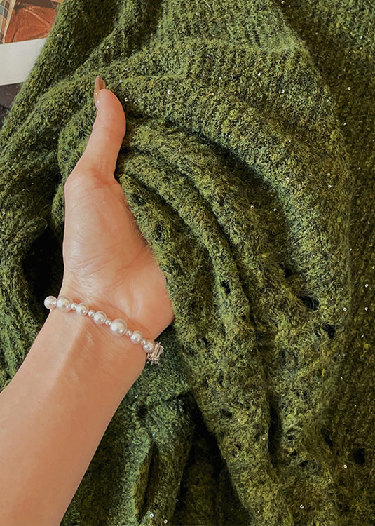 Vintage Green O Neck Hollow Out Knit Sweaters Fall