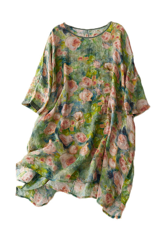 Vintage Blue geometry O Neck Print Patchwork Linen Mid Dress Bracelet Sleeve