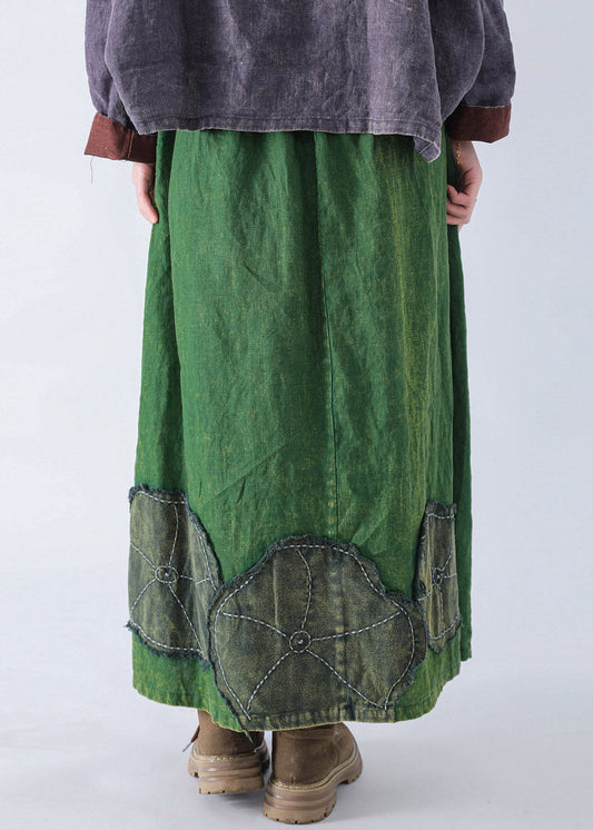 Vintage Green Patch Linen A Line Skirt Fall