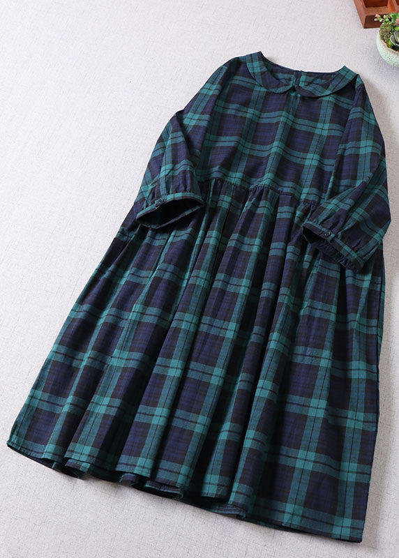 Vintage Green Peter Pan Collar Plaid Cotton Dress Spring