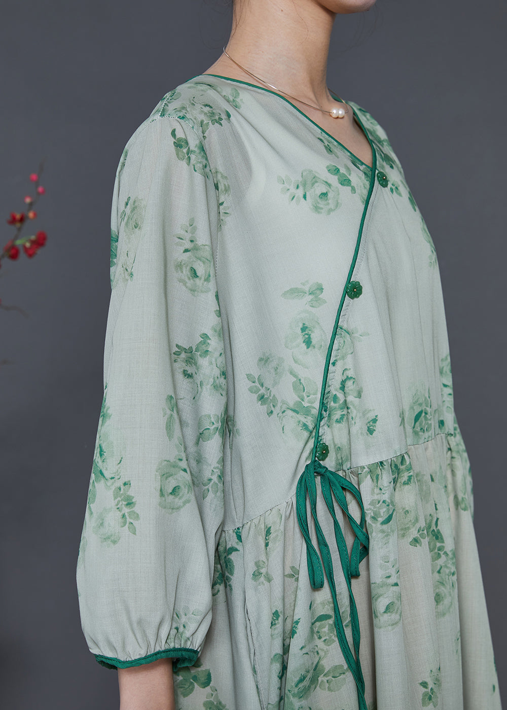 Vintage Green Print Linen Oriental Dresses Bracelet Sleeve