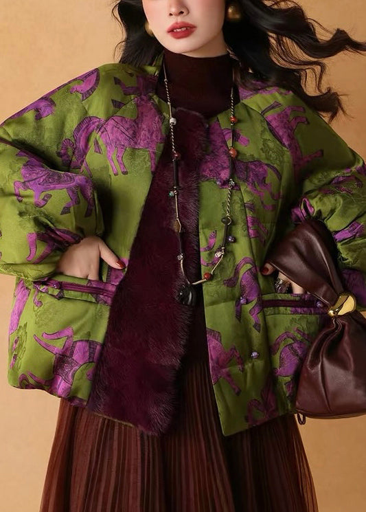 Vintage Green Print Patchwork Mink Velvet Duck Down Puffers Jackets Winter