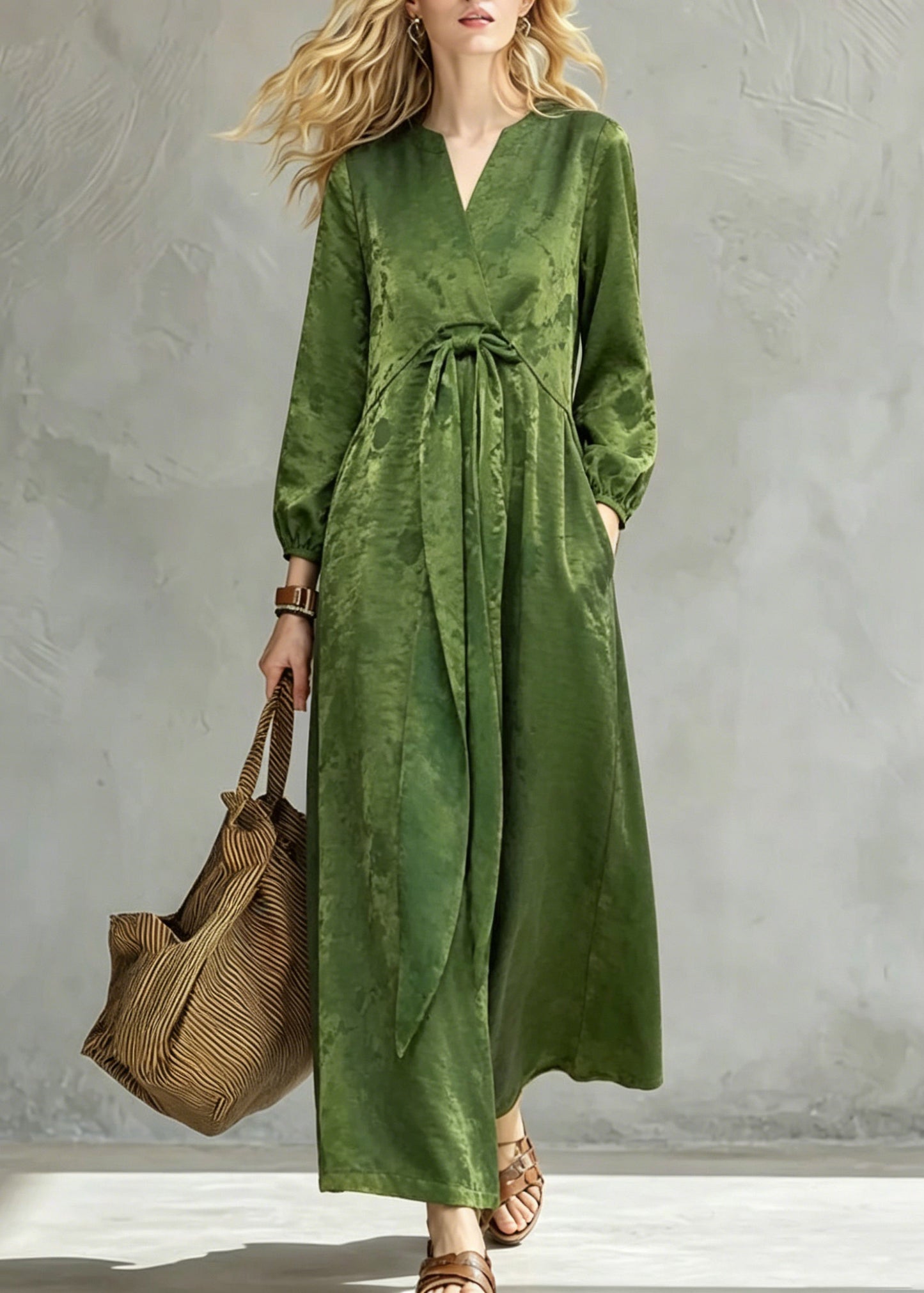 Vintage Green Print Pockets Bow Long Dress Fall